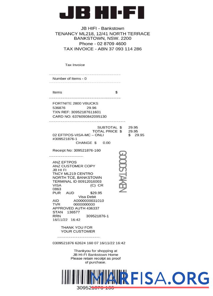 Printable Australia JB Hi Fi tax invoice template